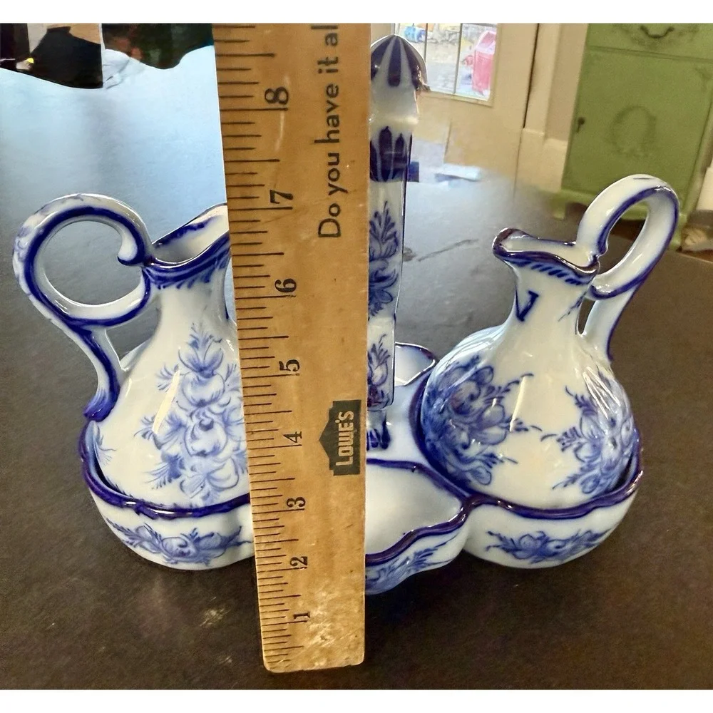 Vintage Pedros Alcobaça Portugal Blue White Cruet Set Oil Vinegar Caddy